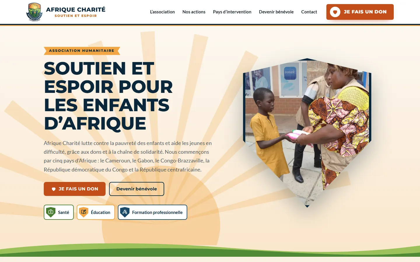 Startpagina van de website van Afrique Charité
