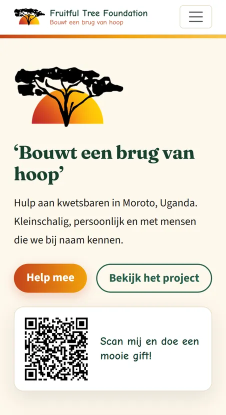 De website van Fruitful Tree Foundation, weergegeven op een mobiele telefoon