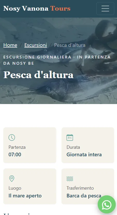 Una pagina di escursione del sito Nosy Vanona Tours, visualizzata su telefono cellulare