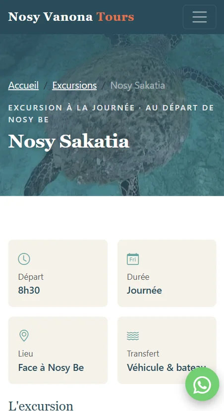 Stránka výletu na webu Nosy Vanona Tours, zobrazená na mobilním telefonu