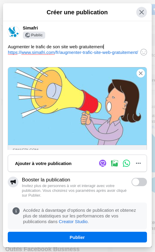 Partage d'un article de blog dans Facebook